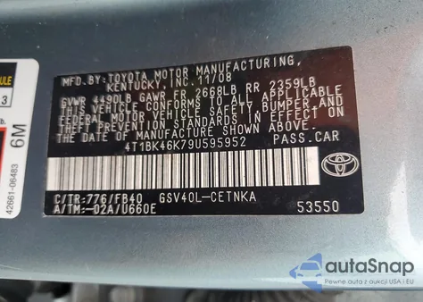 2009 Toyota Camry Se z USA, uszkodzony, nr VIN 4T1BK46K79U595952